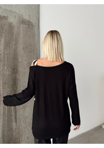 Munn Collection Kadın Kadife Kumaş Zebra Desenli Omuz Detay Uzun Kollu Bluz fırsatları