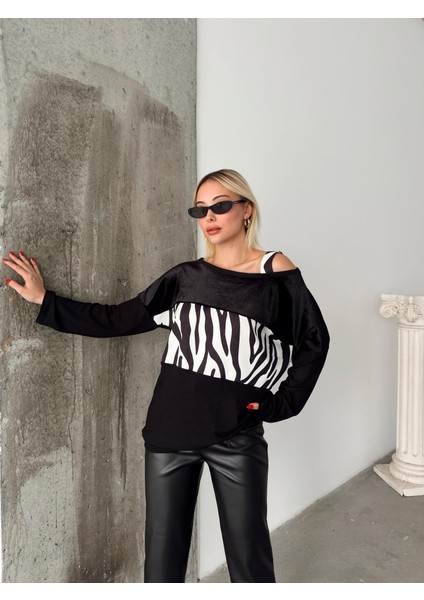 Munn Collection Kadın Kadife Kumaş Zebra Desenli Omuz Detay Uzun Kollu Bluz indirimleri