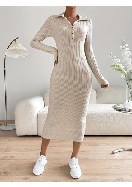 Munn Collection Kadın Uzun Kollu Yakalı Düğmeli Şardonlu Kaşkorse Elbise fiyatları