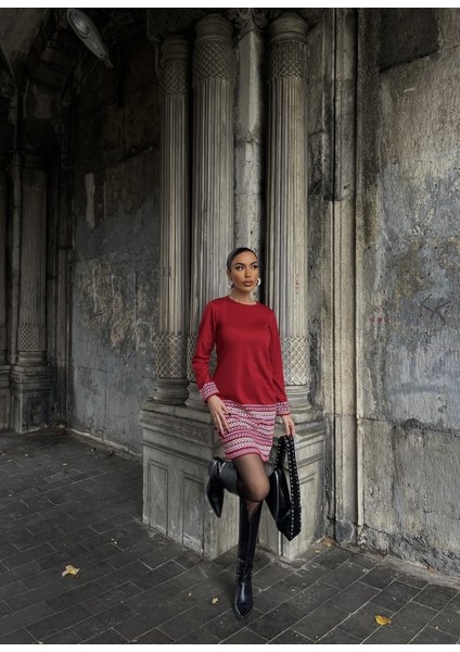 Munn Collection Kadın Uzun Kollu Bisiklet Yaka Kol Ağzı ve Etek Ucu Baskılı Iki Iplik Elbise