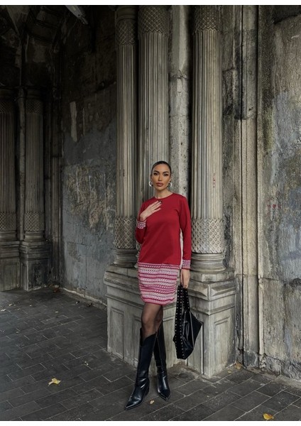 Munn Collection Kadın Uzun Kollu Bisiklet Yaka Kol Ağzı ve Etek Ucu Baskılı Iki Iplik Elbise modelleri