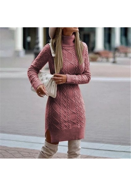 Munn Collection Kadın Uzun Kollu Loren Yünlü Motifli Midi Boy Triko Elbise