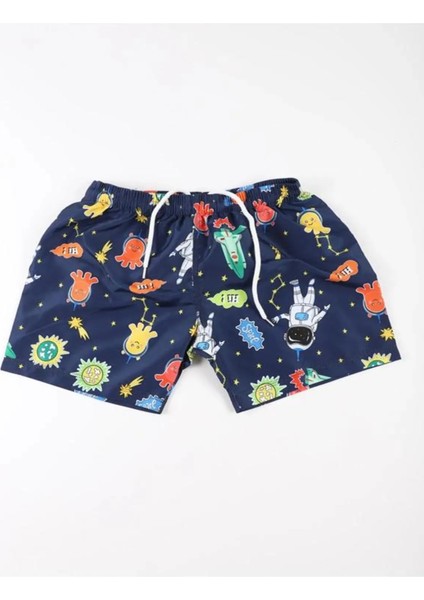 Çok Renkli Desenli Erkek Çocuk Deniz Şort Mayo-Uzay Desenli