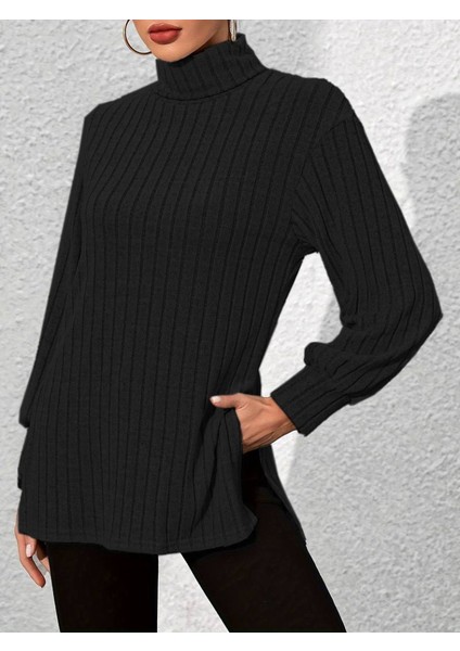 Munn Collection Kadın Uzun Kollu Balıkçı Yaka Yandan Yırtmaçlı Şardonlu Kaşkorse Bluz modelleri