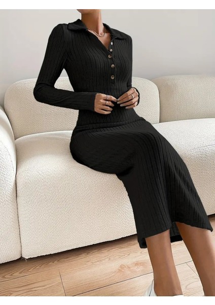 Munn Collection Kadın Uzun Kollu Yakalı Düğmeli Şardonlu Kaşkorse Elbise