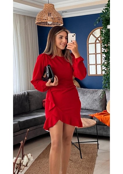 Munn Collection Kadın Uzun Kollu Bisiklet Yaka Önden Volanlı Ithal Krep Elbise fırsatları