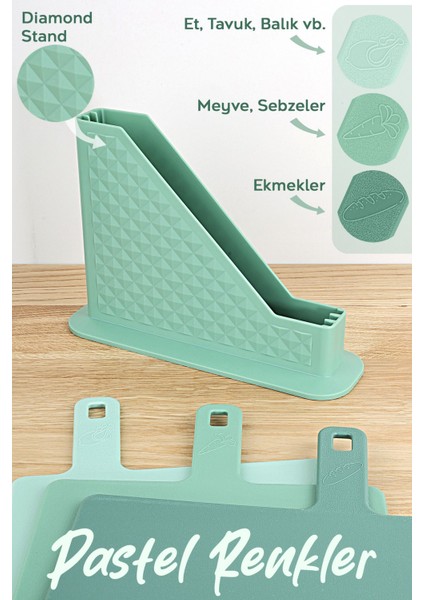 4 Parça Standlı Kesme Tahtası Seti - Çoklu Doğrama Tahtası Ekmek Sebze Et Kesim Panosu - Yeşil modelleri