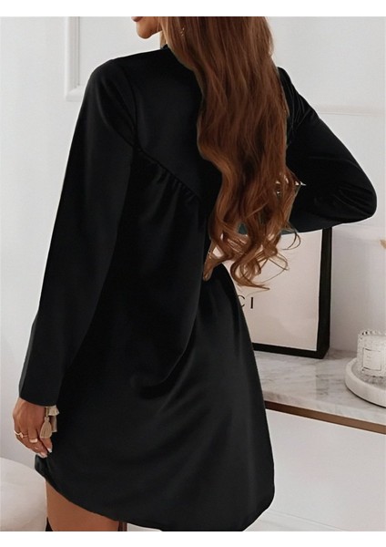 Munn Collection Kadın Uzun Kollu Bisiklet Yaka Çapraz Büzgü Detay Iki Iplik Mini Boy Elbise modelleri