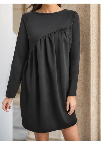Munn Collection Kadın Uzun Kollu Bisiklet Yaka Çapraz Büzgü Detay Iki Iplik Mini Boy Elbise indirimleri
