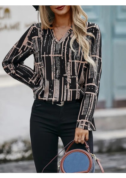 Munn Collection Kadın Uzun Kollu V Yakalı Desenli Dalgıç Bluz modelleri