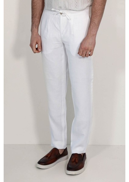 Keten Jogger+Ipli Lastlikli Pant. Beyaz