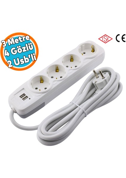 4'lü Grup Priz 2 Usb'li 3 Metre Kablolu Fiş Priz Topraklı Çoklu Grup Priz Çoğaltıcı Dörtlü