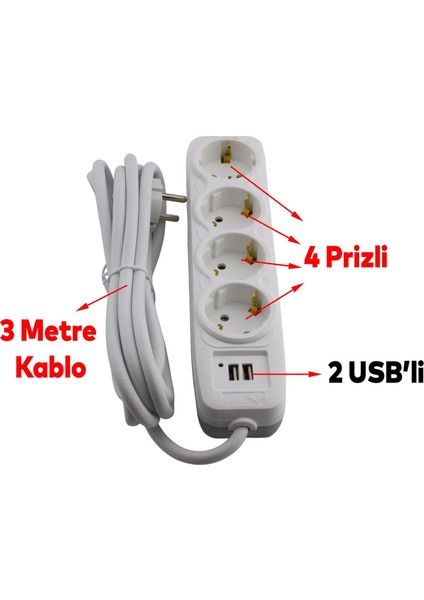 4'lü Grup Priz 2 Usb'li 3 Metre Kablolu Fiş Priz Topraklı Çoklu Grup Priz Çoğaltıcı Dörtlü indirimleri