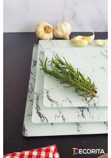 3'lü Takım Beyaz Mermer Görünümlü | Cam Kesme Tahtası - Cam Kesme Tablası