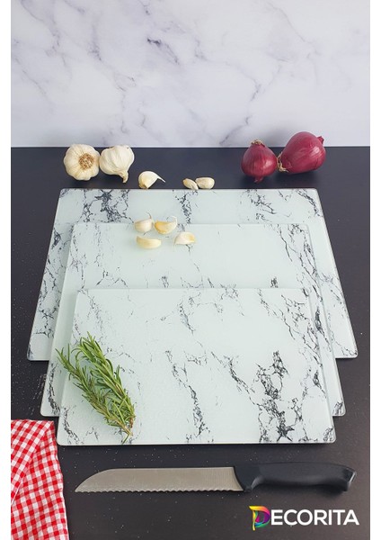 3'lü Takım Beyaz Mermer Görünümlü | Cam Kesme Tahtası - Cam Kesme Tablası modelleri