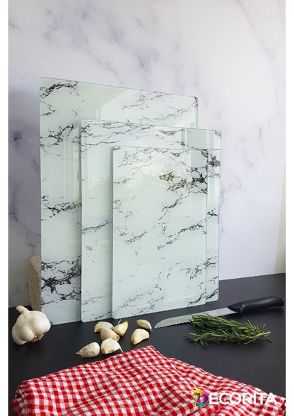 3'lü Takım Beyaz Mermer Görünümlü | Cam Kesme Tahtası - Cam Kesme Tablası fırsatları