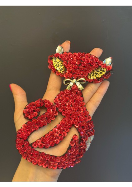 Kırmızı Boncuk Pul Payet Işleme Kedi Arma Dikiş Aplike 18X12 cm fiyatları