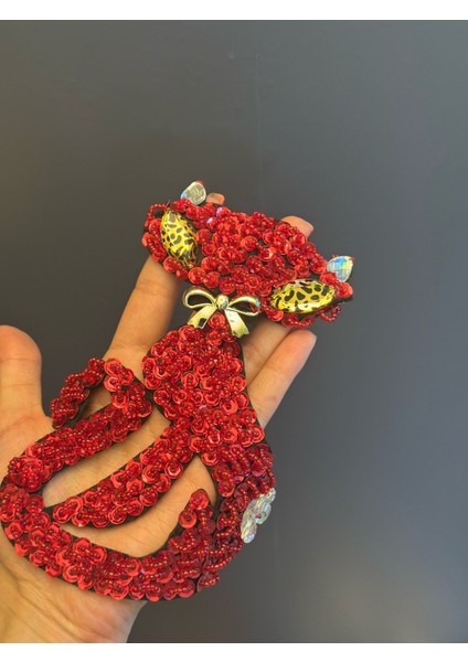 Kırmızı Boncuk Pul Payet Işleme Kedi Arma Dikiş Aplike 18X12 cm modelleri