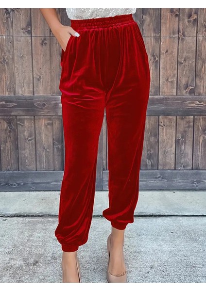 Munn Collection Kadın Beli Lastikli Yüksek Bel Cep Detay Kadife Pantolon