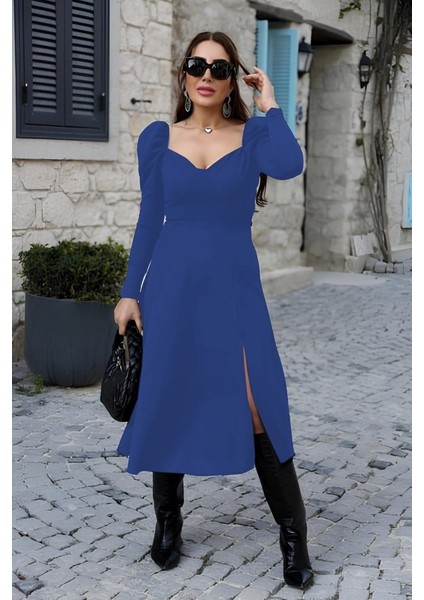 Munn Collection Kadın Uzun Kollu Göğüs ve Sırt Dekolteli Krep Midi Boy Elbise fiyatları