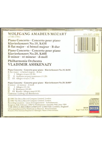 (Plak Değildir CD Dir) CD Vladimir Ashkenazy Mozart Piano Concertos CD fiyatları
