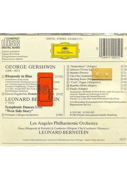 (Plak Değildir CD Dir) CD Gerswin - Bernstein Rhapsody In Blue - West Side Story CD fiyatları