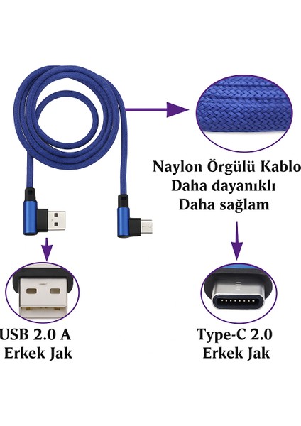 Naylon Örgülü 90 Derece 1 Metre 2.1A Micro Hızlı Şarj Kablosu W05 modelleri