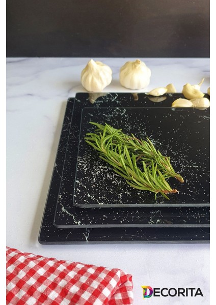 3'lü Takım Siyah Mermer Görünümlü | Cam Kesme Tahtası - Cam Kesme Tablası