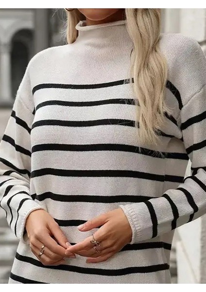 Munn Collection Kadın Uzun Kollu Yarım Balıkçı Yaka Çizgilitriko Mini Boy Elbise (Kemersiz)