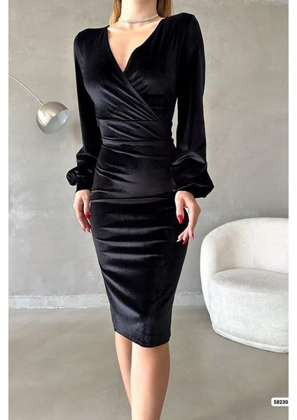 Munn Collection Kadın Kadife Kumaş Kruvaze Yaka Balon Kol ve Yırtmaç Detaylı Midi Boy Elbise