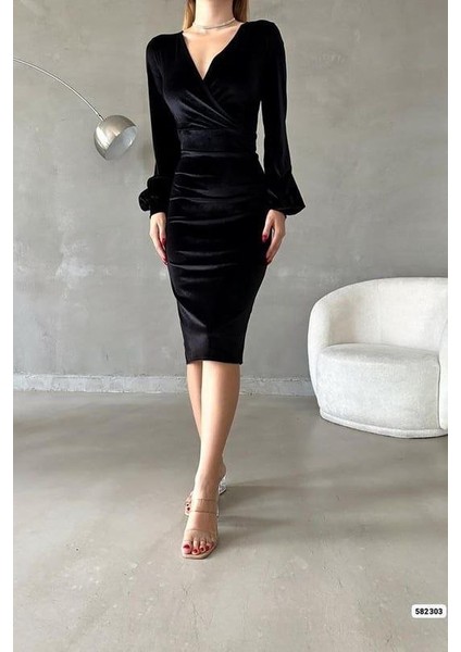 Munn Collection Kadın Kadife Kumaş Kruvaze Yaka Balon Kol ve Yırtmaç Detaylı Midi Boy Elbise modelleri