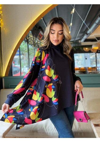 Munn Collection Kadın Uzun Kollu Balıkçı Yaka Asimetrik Kesim Dalgıç Kumaş Bluz