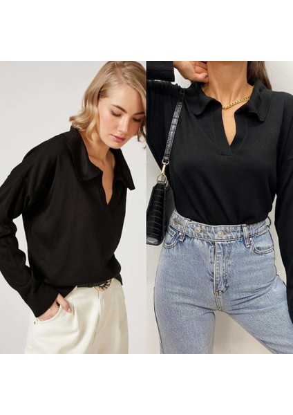 Munn Collection Kadın Beyaz Uzun Kollu Yakalı Triko Bluz