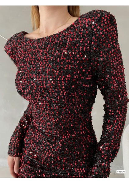 Munn Collection Kadın Uzun Kollu Vatka Detay Full Pul Payet Mini Elbise