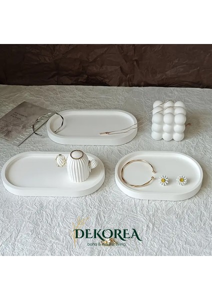 Dekoratif Beton Oval Tepsi | Minimal Takı & Mumluk Tepsi