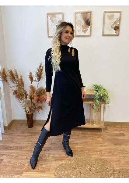 Munn Collection Kadın Uzun Kollu Balıkçı Yaka Omuzda Damla Detaylı Yırtmaçlı Krep Midi Elbise fiyatları