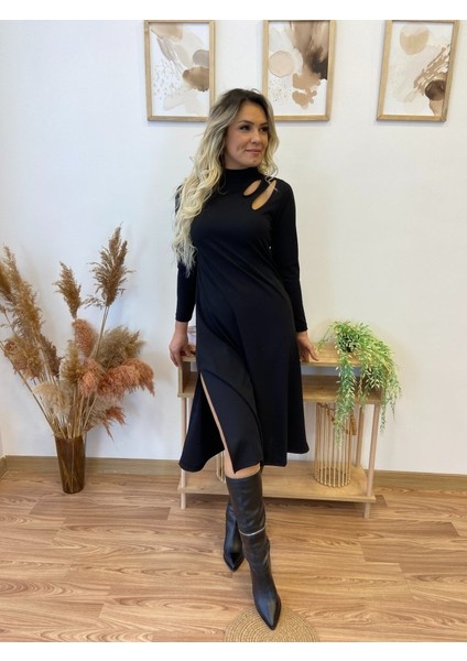 Munn Collection Kadın Uzun Kollu Balıkçı Yaka Omuzda Damla Detaylı Yırtmaçlı Krep Midi Elbise fırsatları