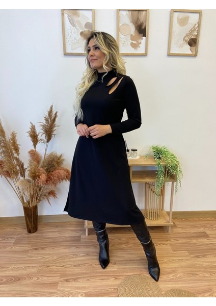 Munn Collection Kadın Uzun Kollu Balıkçı Yaka Omuzda Damla Detaylı Yırtmaçlı Krep Midi Elbise indirimleri