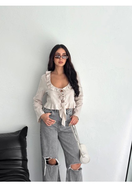 Keten Uzun Kol Bağacık Detaylı Bluz - Bej