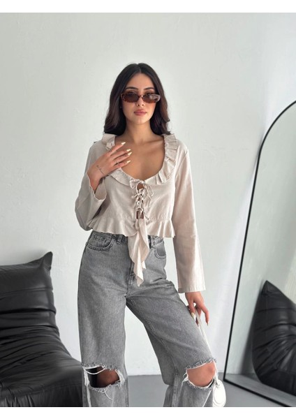 Keten Uzun Kol Bağacık Detaylı Bluz - Bej fiyatları