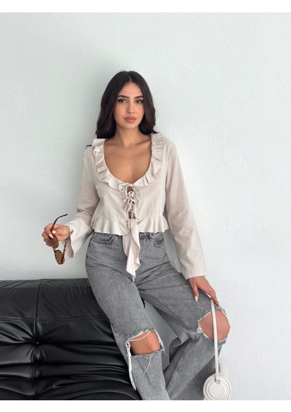 Keten Uzun Kol Bağacık Detaylı Bluz - Bej modelleri