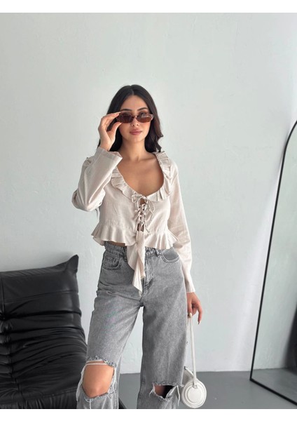 Keten Uzun Kol Bağacık Detaylı Bluz - Bej fırsatları