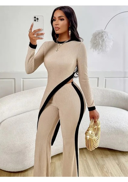 Munn Collection Kadın Uzun Kollu Bisiklet Yaka Asimetrik Kesim Bluz Şardonlu Kaşkorse Bluz ve Pantolon Ikili Takım fiyatları