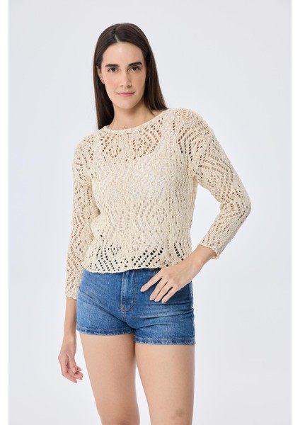 Amy Top Ajur Örgü Kadın Simli Bluz - Ekru Simli