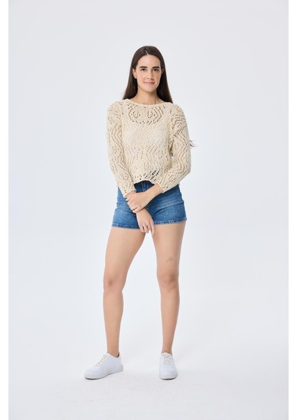Amy Top Ajur Örgü Kadın Simli Bluz - Ekru Simli fiyatları