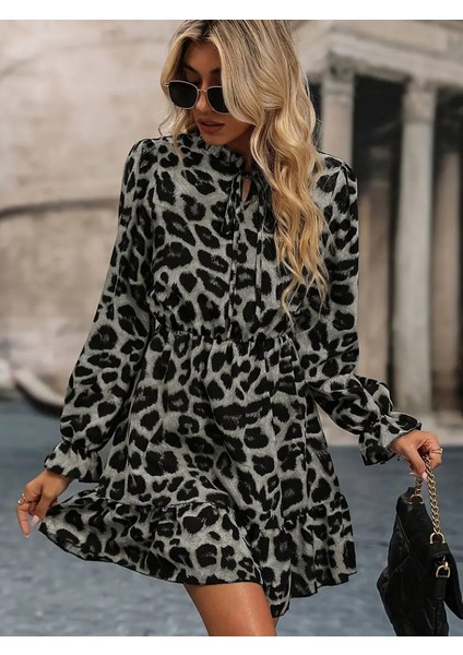 Munn Collection Kadın Uzun Kollu Yakadan Bağlamalı Beli Lastikli Şardonlu Dalgıç Elbise