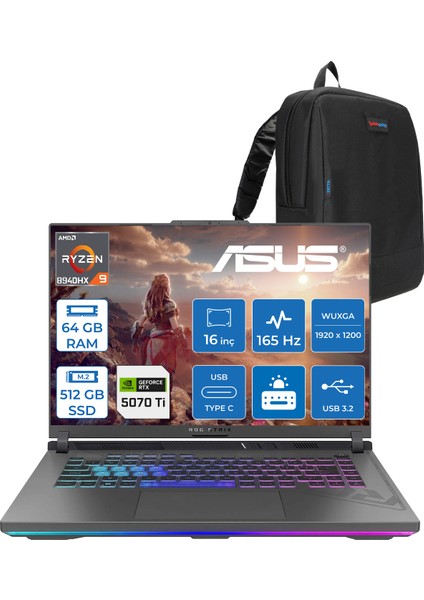 Rog Strix G16 G614PR-RV050 Amd Ryzen 9 8940HX Aı 64 GB GB 512 GB SSD 12 GB/RTX5070Tİ Gddr7 140W 16" Wuxga 165Hz 300NİTS Freedos Taşınabilir Bilgisayar WRV050F25+ZETTAÇANTA