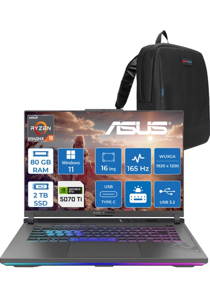 Rog Strix G16 G614PR-RV050 Amd Ryzen 9 8940HX Aı 80 GB GB 2tb 12 GB/RTX5070Tİ Gddr7 140W 16" Wuxga 165Hz 300NİTS WINDOWS11HOME Taşınabilir Bilgisayar WRV050H37+ZETTAÇANTA