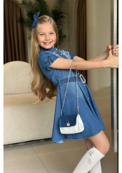 Kız Çocuk Gömlek Yaka Taş Düğmeli Üzeri Inci Yıldız Işlemeli Mavi Kot Elbise