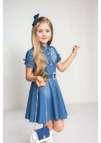 Kız Çocuk Gömlek Yaka Taş Düğmeli Üzeri Inci Yıldız Işlemeli Mavi Kot Elbise fiyatları